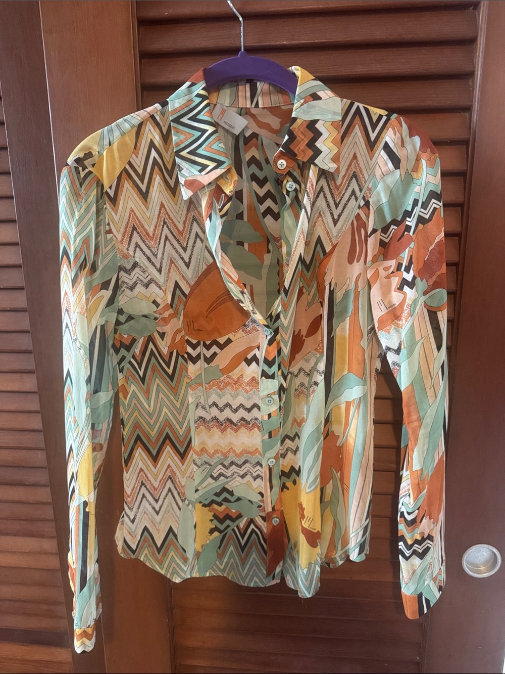 Vibrant Chevron & Floral Button-Up Blouse in Rust, Mint & Yellow
